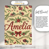 Watercolor Holly Berries Pine Branches and Botanical Christmas  Personalised Custom Name Super Soft Fleece Blanket Bed Sofa Throw