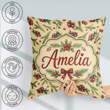 Custom Name Watercolor Holly Berries Pine Branches and Botanical Square Filled Cushion Throw Pillow Sofa Bed Home Decor Zip Washable UK Made