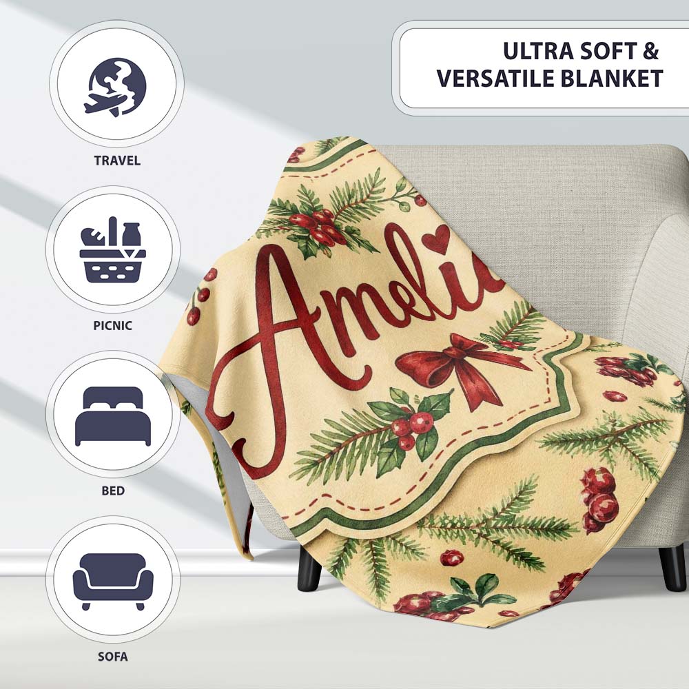 Watercolor Holly Berries Pine Branches and Botanical Christmas  Personalised Custom Name Super Soft Fleece Blanket Bed Sofa Throw