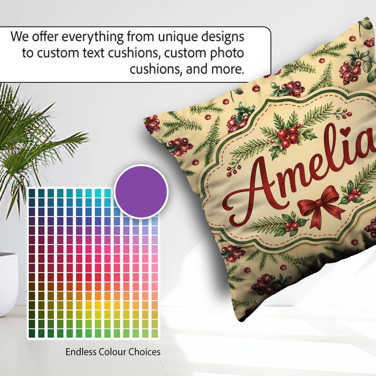 Custom Name Watercolor Holly Berries Pine Branches and Botanical Square Filled Cushion Throw Pillow Sofa Bed Home Decor Zip Washable UK Made