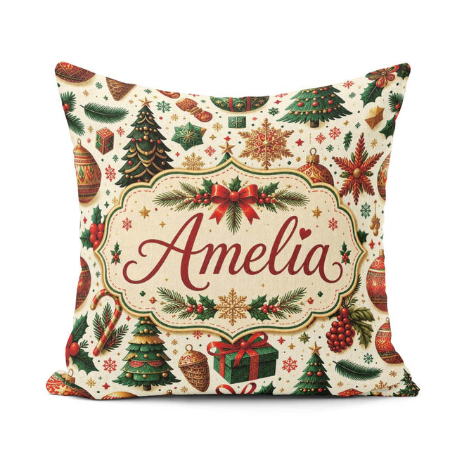 Custom Name Classic Trees Candy Canes Baubles and Festive Decor Square Filled Cushion Throw Pillow Sofa Bed Home Decor Zip Washable UK Made