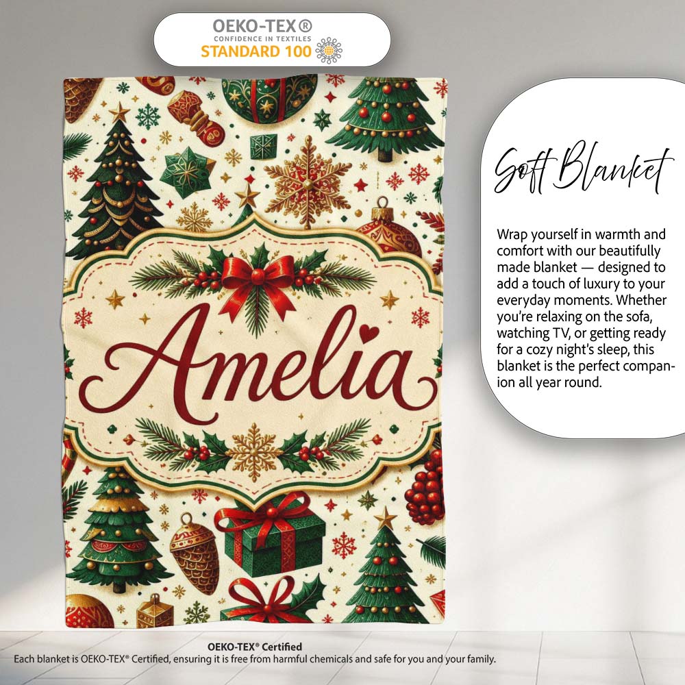 Classic Christmas Trees Candy Canes Baubles and Festive Decor Lovely  Personalised Custom Name Super Soft Fleece Blanket Bed Sofa Throw