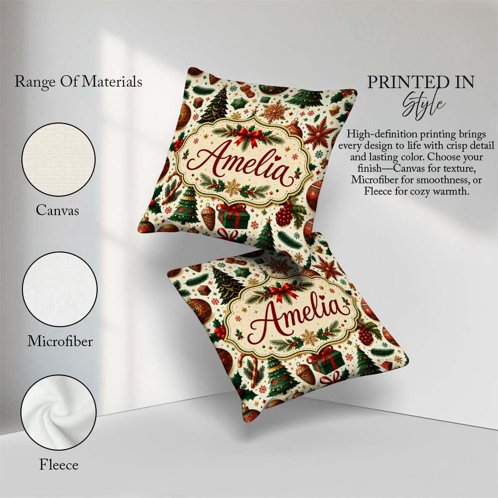 Custom Name Classic Trees Candy Canes Baubles and Festive Decor Square Filled Cushion Throw Pillow Sofa Bed Home Decor Zip Washable UK Made