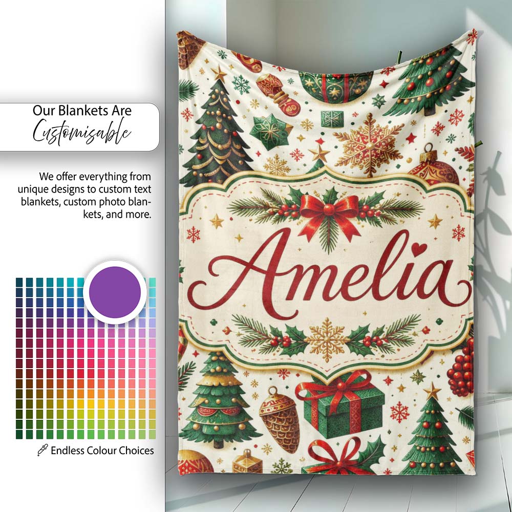 Classic Christmas Trees Candy Canes Baubles and Festive Decor Lovely  Personalised Custom Name Super Soft Fleece Blanket Bed Sofa Throw