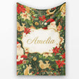 Vintage Santa Claus Reindeer Poinsettia Flowers and Festive Holiday  Personalised Custom Name Super Soft Fleece Blanket Bed Sofa Throw