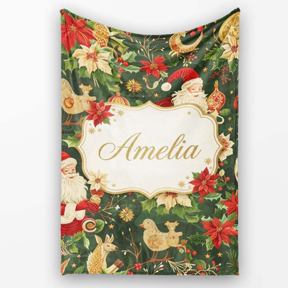 Vintage Santa Claus Reindeer Poinsettia Flowers and Festive Holiday  Personalised Custom Name Super Soft Fleece Blanket Bed Sofa Throw
