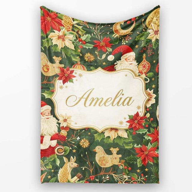 Vintage Santa Claus Reindeer Poinsettia Flowers and Festive Holiday  Personalised Custom Name Super Soft Fleece Blanket Bed Sofa Throw