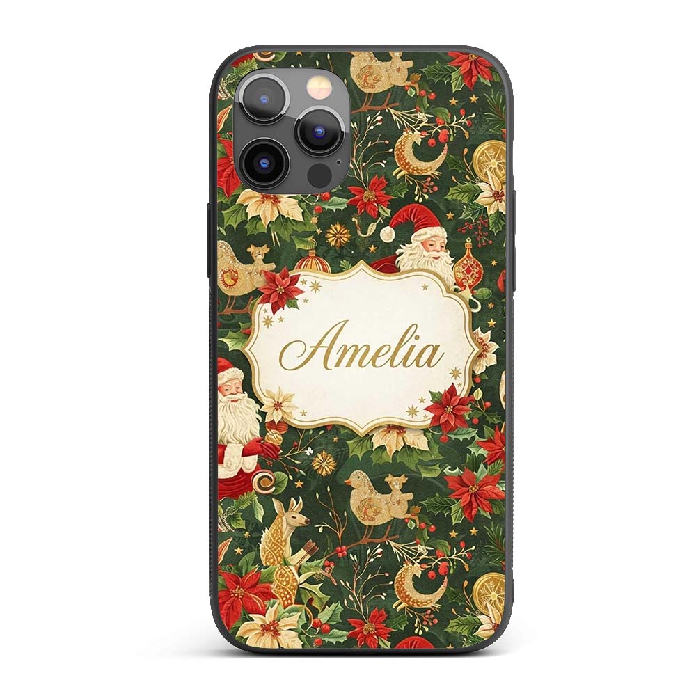 Vintage Santa Claus Reindeer Poinsettia Flowers Custom Name Protective Phone Case Mobile Cover Durable Everyday Smartphone Shock Resistant