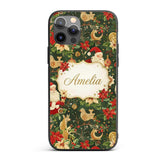 Vintage Santa Claus Reindeer Poinsettia Flowers Custom Name Protective Phone Case Mobile Cover Durable Everyday Smartphone Shock Resistant