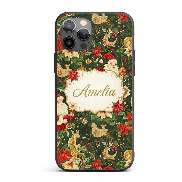 Vintage Santa Claus Reindeer Poinsettia Flowers Custom Name Protective Phone Case Mobile Cover Durable Everyday Smartphone Shock Resistant