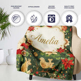 Vintage Santa Claus Reindeer Poinsettia Flowers and Festive Holiday  Personalised Custom Name Super Soft Fleece Blanket Bed Sofa Throw
