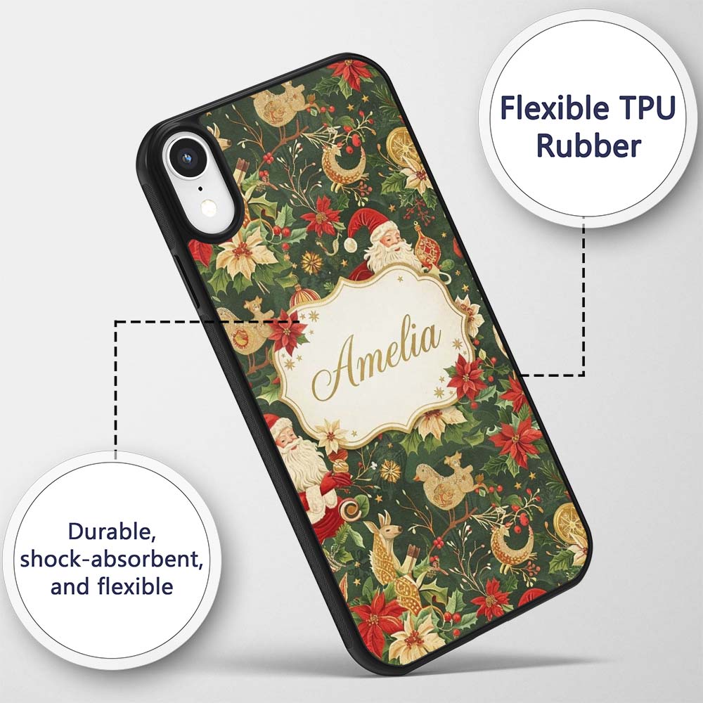 Vintage Santa Claus Reindeer Poinsettia Flowers Custom Name Protective Phone Case Mobile Cover Durable Everyday Smartphone Shock Resistant