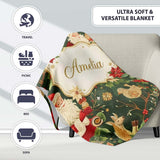 Vintage Santa Claus Reindeer Poinsettia Flowers and Festive Holiday  Personalised Custom Name Super Soft Fleece Blanket Bed Sofa Throw
