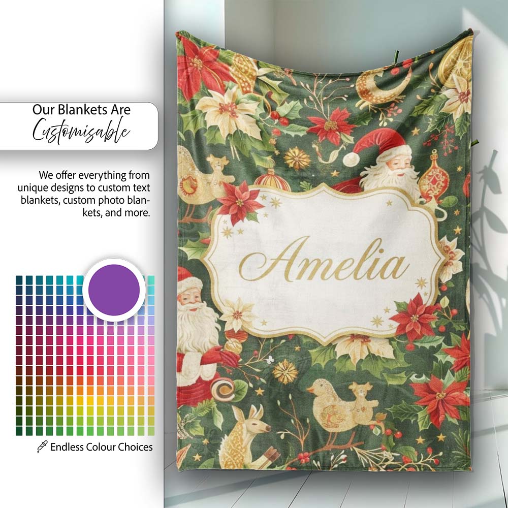 Vintage Santa Claus Reindeer Poinsettia Flowers and Festive Holiday  Personalised Custom Name Super Soft Fleece Blanket Bed Sofa Throw