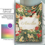 Vintage Santa Claus Reindeer Poinsettia Flowers and Festive Holiday  Personalised Custom Name Super Soft Fleece Blanket Bed Sofa Throw