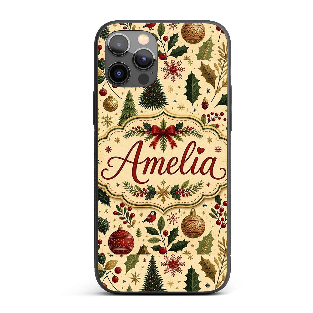 Elegant Christmas Trees Holly Leaves Berries and Custom Name Protective Phone Case Mobile Cover Durable Everyday Smartphone Shock Resistant