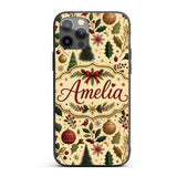 Elegant Christmas Trees Holly Leaves Berries and Custom Name Protective Phone Case Mobile Cover Durable Everyday Smartphone Shock Resistant