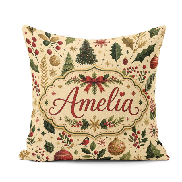 Custom Name Elegant Christmas Trees Leaves Berries and Snowflake Square Filled Cushion Throw Pillow Sofa Bed Home Decor Zip Washable UK Made
