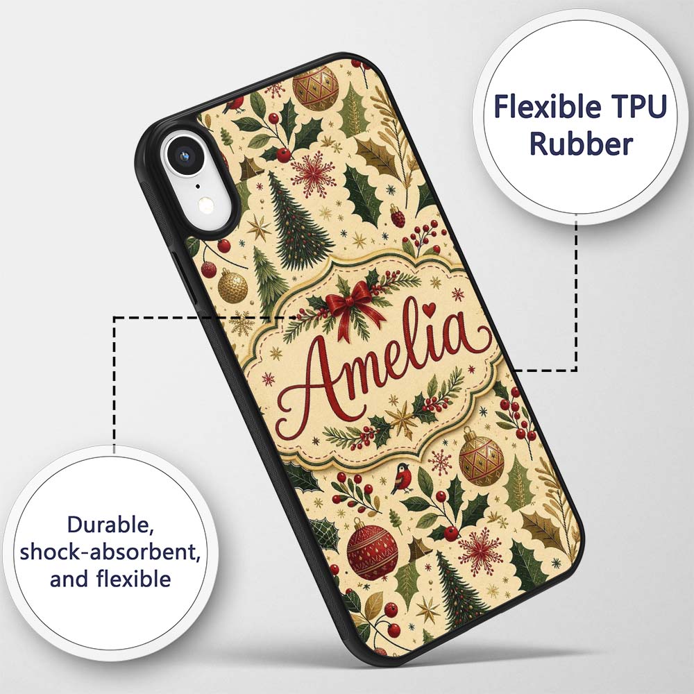 Elegant Christmas Trees Holly Leaves Berries and Custom Name Protective Phone Case Mobile Cover Durable Everyday Smartphone Shock Resistant