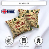 Custom Name Elegant Christmas Trees Leaves Berries and Snowflake Square Filled Cushion Throw Pillow Sofa Bed Home Decor Zip Washable UK Made