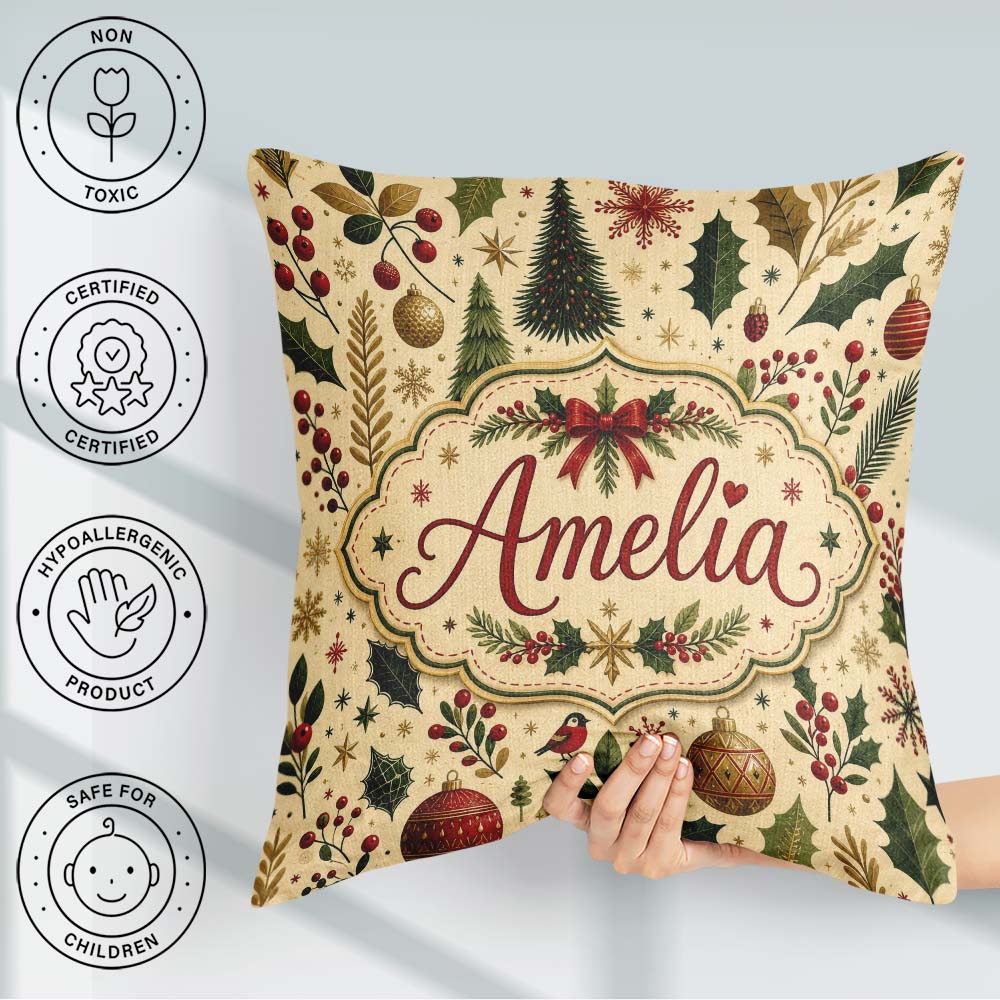 Custom Name Elegant Christmas Trees Leaves Berries and Snowflake Square Filled Cushion Throw Pillow Sofa Bed Home Decor Zip Washable UK Made