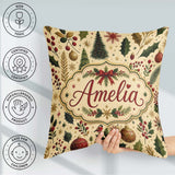 Custom Name Elegant Christmas Trees Leaves Berries and Snowflake Square Filled Cushion Throw Pillow Sofa Bed Home Decor Zip Washable UK Made