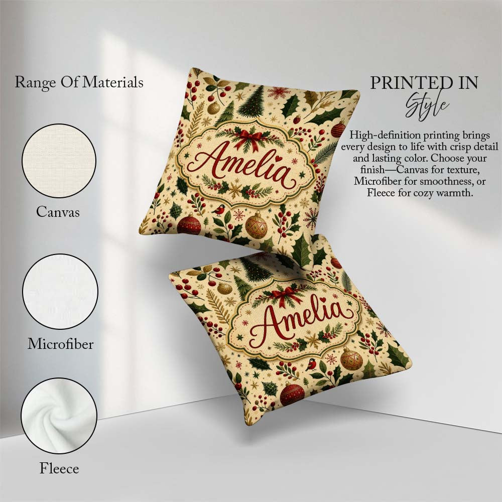 Custom Name Elegant Christmas Trees Leaves Berries and Snowflake Square Filled Cushion Throw Pillow Sofa Bed Home Decor Zip Washable UK Made