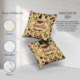 Custom Name Elegant Christmas Trees Leaves Berries and Snowflake Square Filled Cushion Throw Pillow Sofa Bed Home Decor Zip Washable UK Made