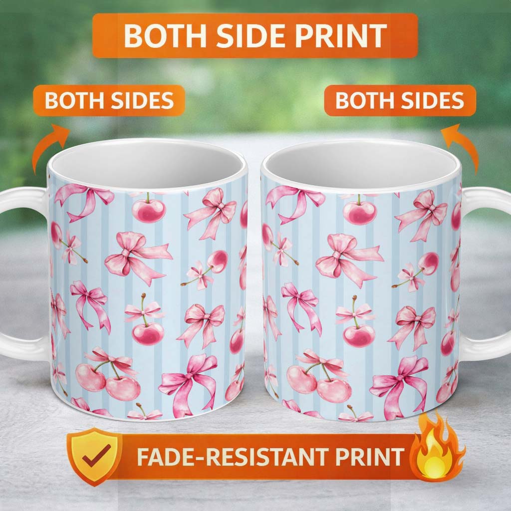 Personalized Custom Name Watercolor Pink Cherry Ribbon Bow Blue Vertical Stripe Background 11oz Ceramic Coffee Tea Mug White Large Handle
