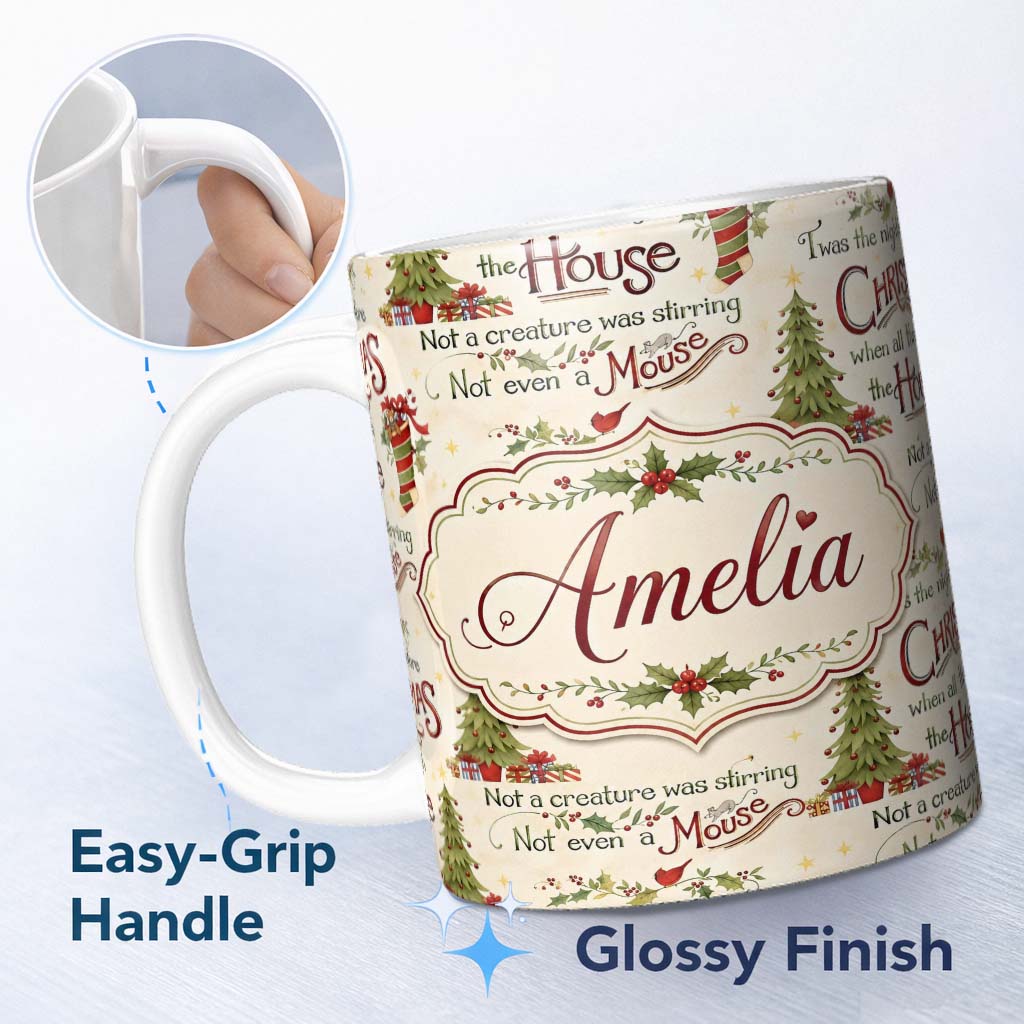 Personalized Custom Name Classic Twas The Night Before Christmas Typography Seamless Pattern 11oz Ceramic Coffee Tea Mug White Large Handle