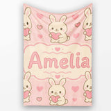 Cute Bunny Heart Cartoon Animal Love Pattern Perfect Gift for Her  Personalised Custom Name Super Soft Fleece Blanket Bed Sofa Throw