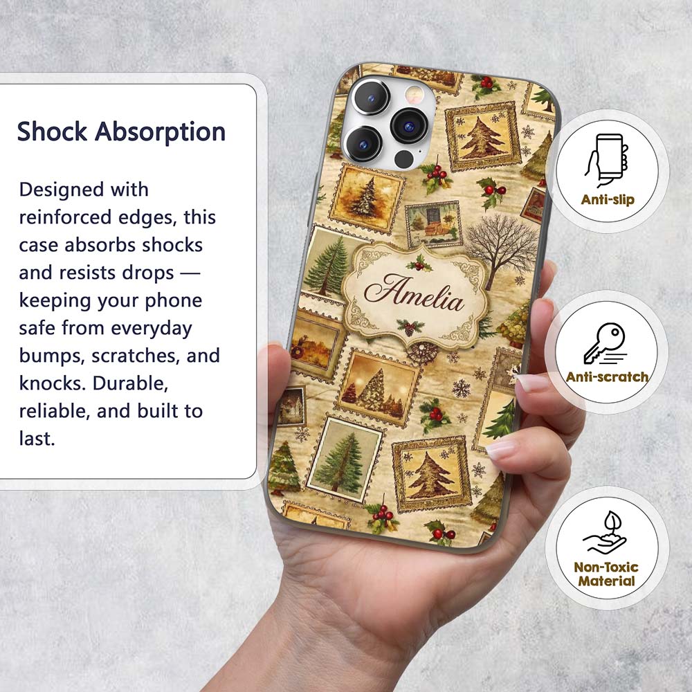 Vintage Framed Winter Landscapes Christmas Trees Custom Name Protective Phone Case Mobile Cover Durable Everyday Smartphone Shock Resistant