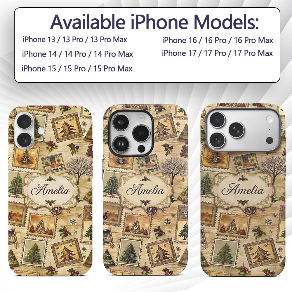 Vintage Framed Winter Landscapes Christmas Trees Custom Name Protective Phone Case Mobile Cover Durable Everyday Smartphone Shock Resistant