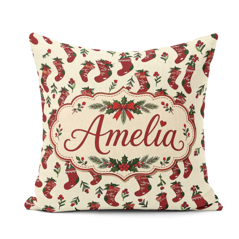 Custom Name Christmas Holly Berries and Festive Holiday Elements Square Filled Cushion Throw Pillow Sofa Bed Home Decor Zip Washable UK Made