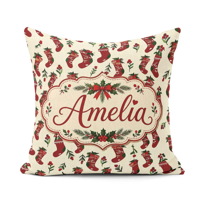 Custom Name Christmas Holly Berries and Festive Holiday Elements Square Filled Cushion Throw Pillow Sofa Bed Home Decor Zip Washable UK Made