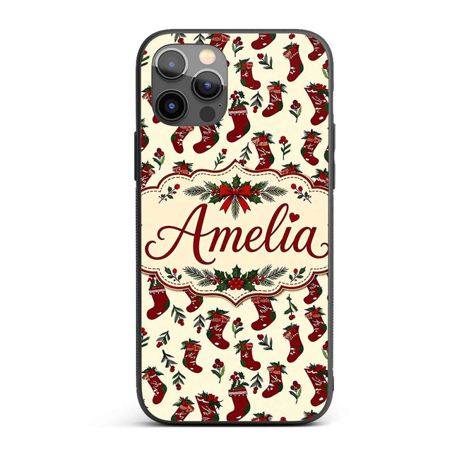 Cute Christmas Stockings Holly Printed Design Custom Name Protective Phone Case Mobile Cover Durable Everyday Smartphone Shock Resistant