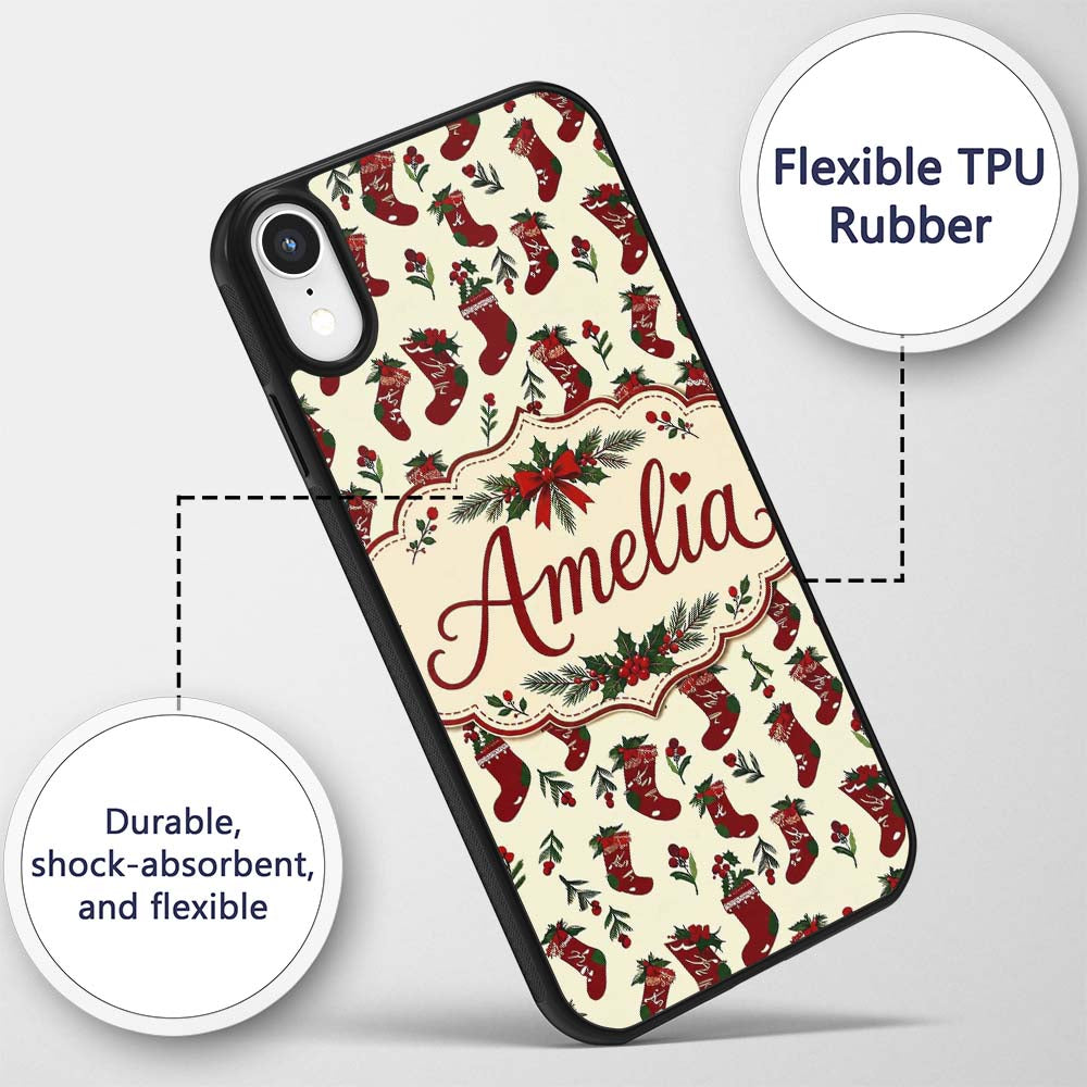 Cute Christmas Stockings Holly Printed Design Custom Name Protective Phone Case Mobile Cover Durable Everyday Smartphone Shock Resistant