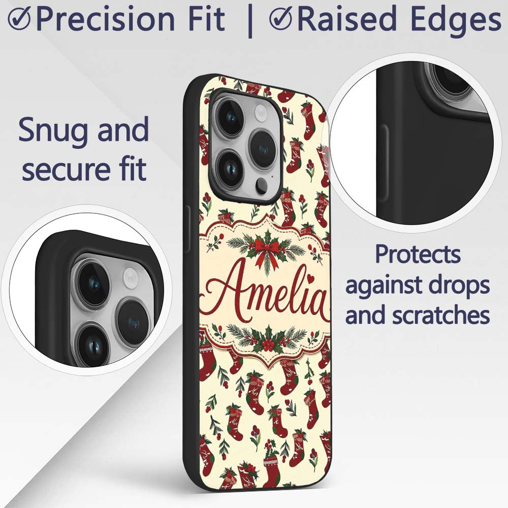 Cute Christmas Stockings Holly Printed Design Custom Name Protective Phone Case Mobile Cover Durable Everyday Smartphone Shock Resistant