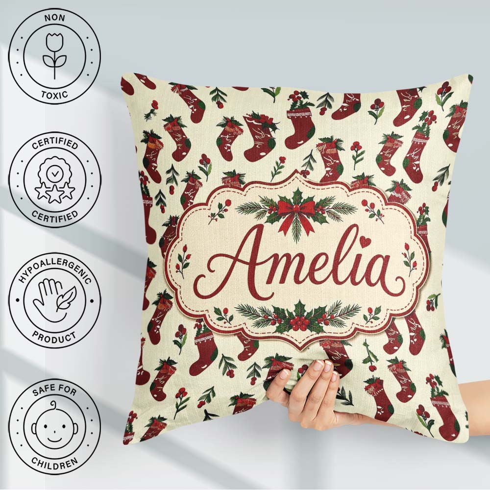 Custom Name Christmas Holly Berries and Festive Holiday Elements Square Filled Cushion Throw Pillow Sofa Bed Home Decor Zip Washable UK Made
