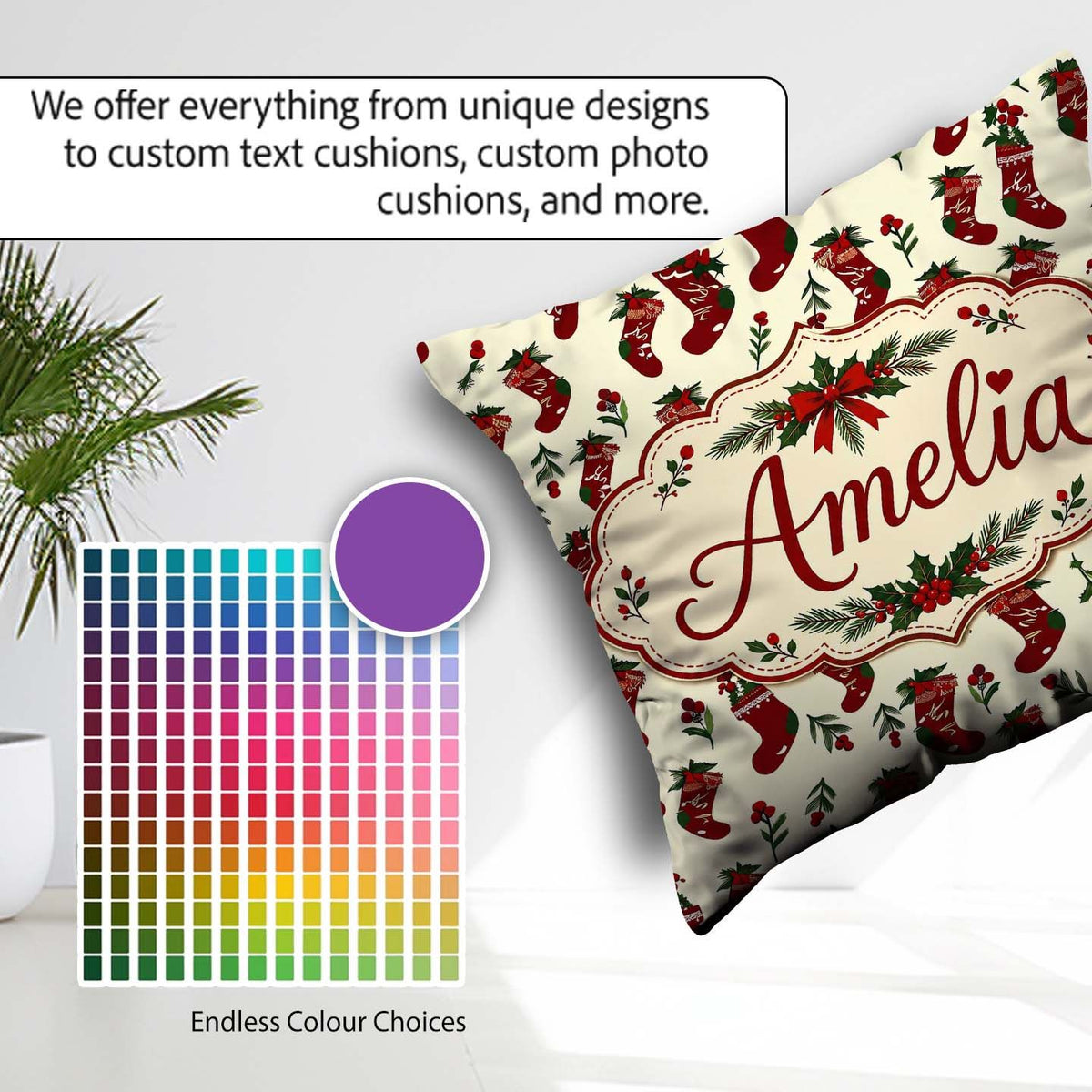 Custom Name Christmas Holly Berries and Festive Holiday Elements Square Filled Cushion Throw Pillow Sofa Bed Home Decor Zip Washable UK Made