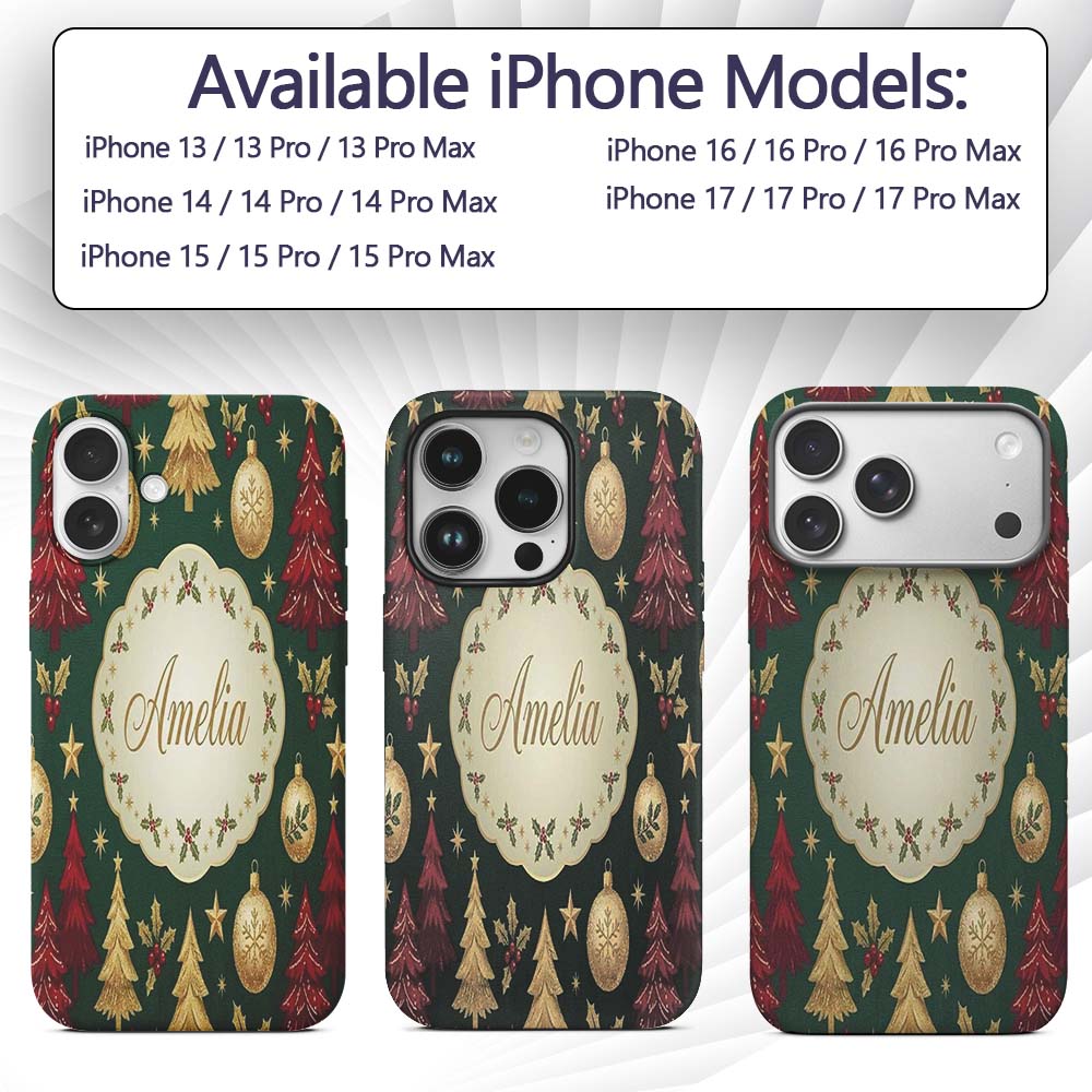 Vintage Christmas Trees Ornaments Snowflakes and Custom Name Protective Phone Case Mobile Cover Durable Everyday Smartphone Shock Resistant