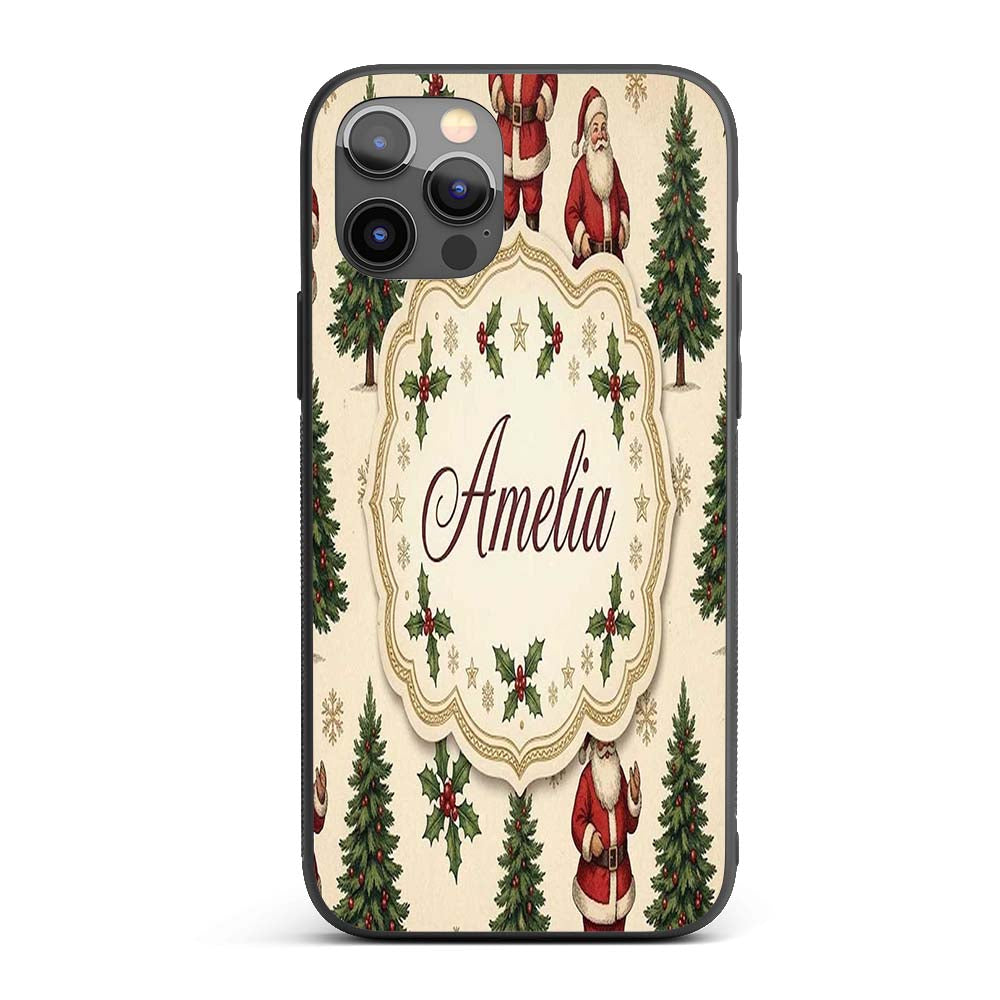Cute Santa Claus Christmas Trees Holly Leaves and Custom Name Protective Phone Case Mobile Cover Durable Everyday Smartphone Shock Resistant