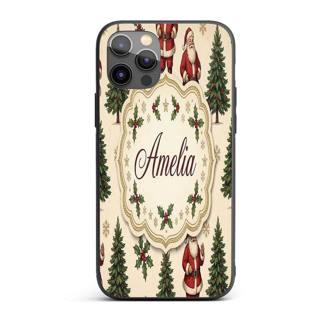 Cute Santa Claus Christmas Trees Holly Leaves and Custom Name Protective Phone Case Mobile Cover Durable Everyday Smartphone Shock Resistant