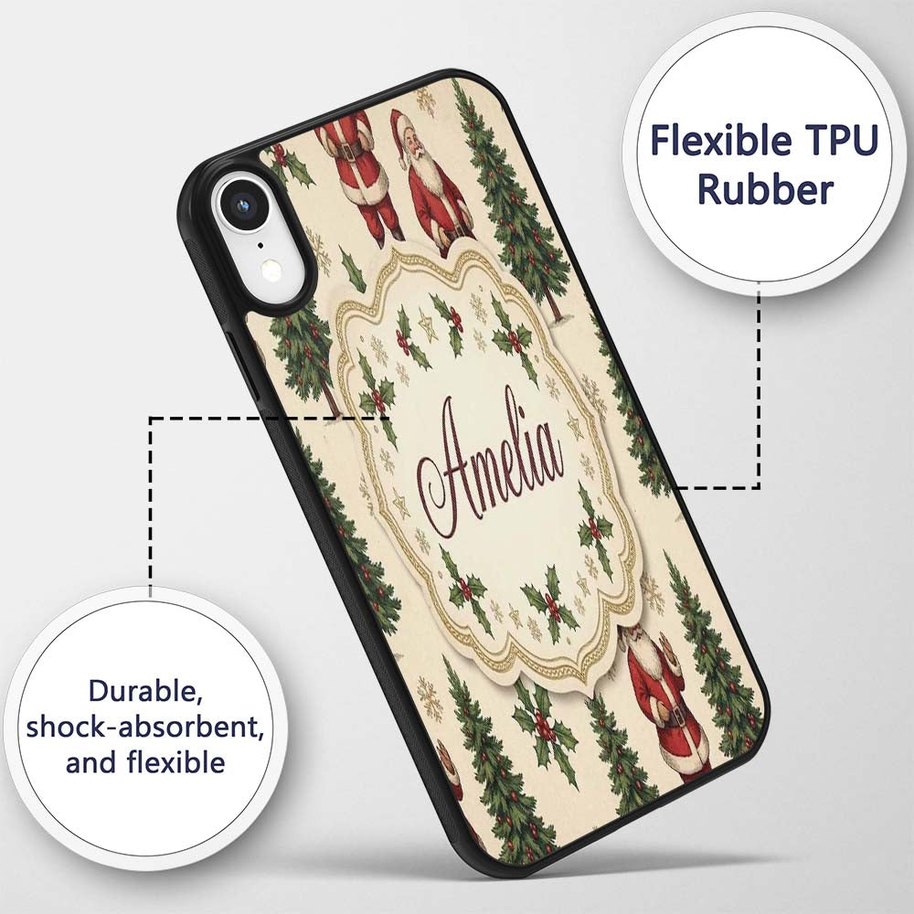 Cute Santa Claus Christmas Trees Holly Leaves and Custom Name Protective Phone Case Mobile Cover Durable Everyday Smartphone Shock Resistant