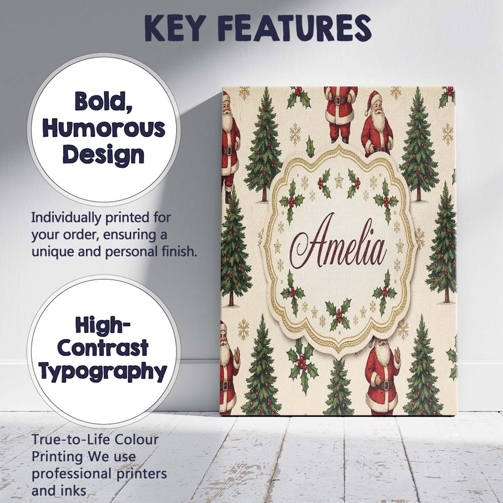 Personalised Name Cute Santa Claus Christmas Custom Bespoke  Contemporary Display Canvas Wall Art Print Decor Picture Ready to Hang