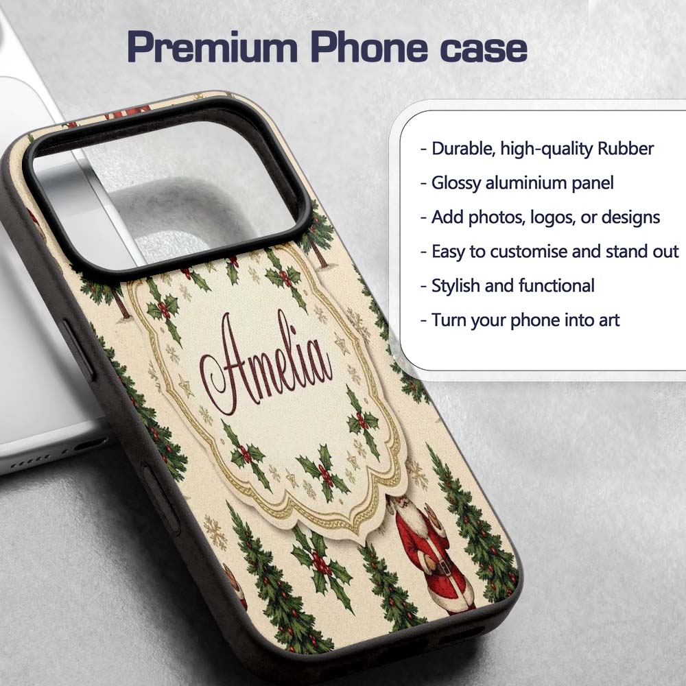 Cute Santa Claus Christmas Trees Holly Leaves and Custom Name Protective Phone Case Mobile Cover Durable Everyday Smartphone Shock Resistant