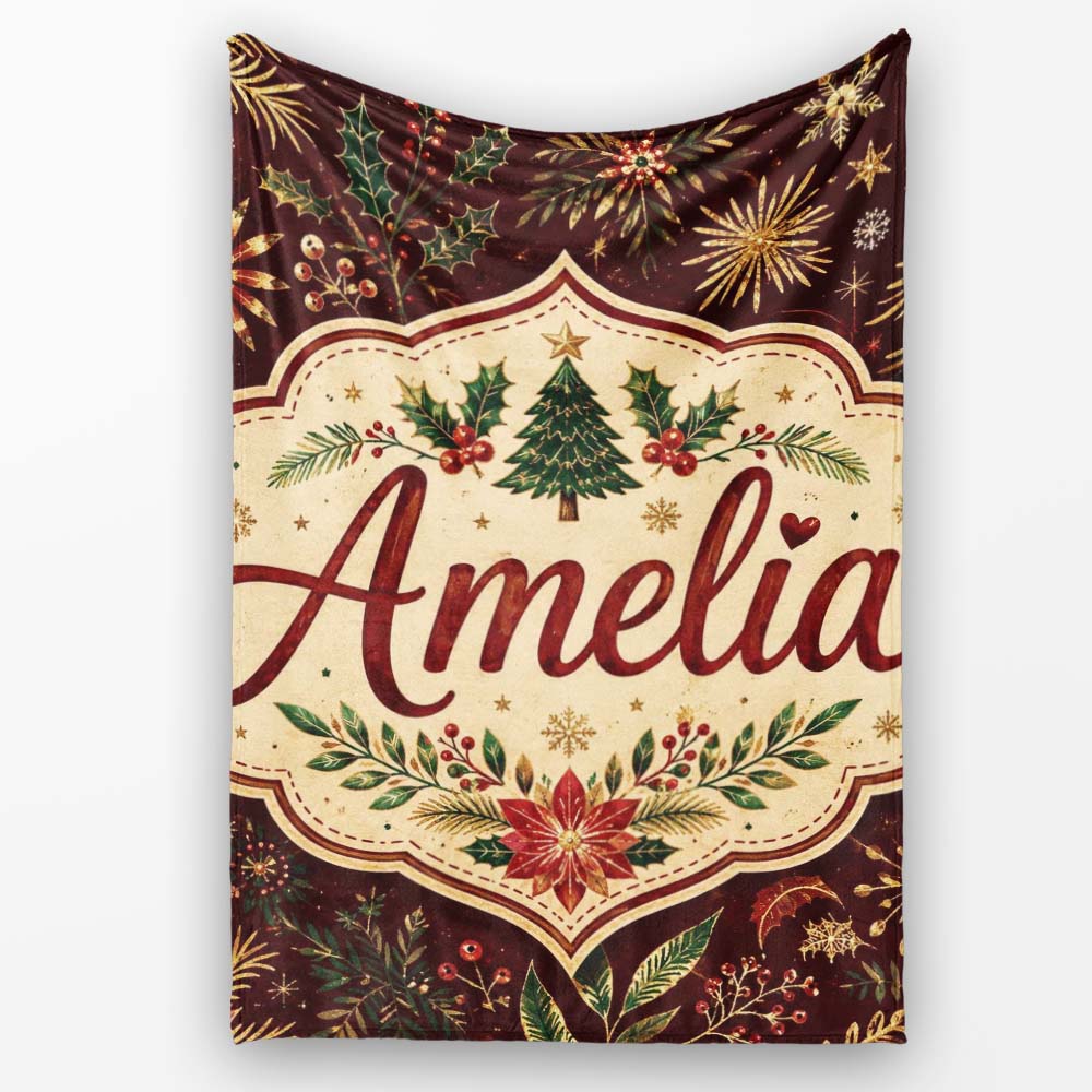 Elegant Christmas Botanical Leaves Pine Branches and Festive Holiday  Personalised Custom Name Super Soft Fleece Blanket Bed Sofa Throw