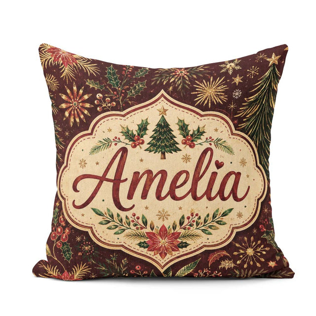 Custom Name Elegant Christmas Botanical Leaves Pine Branches and Square Filled Cushion Throw Pillow Sofa Bed Home Decor Zip Washable UK Made