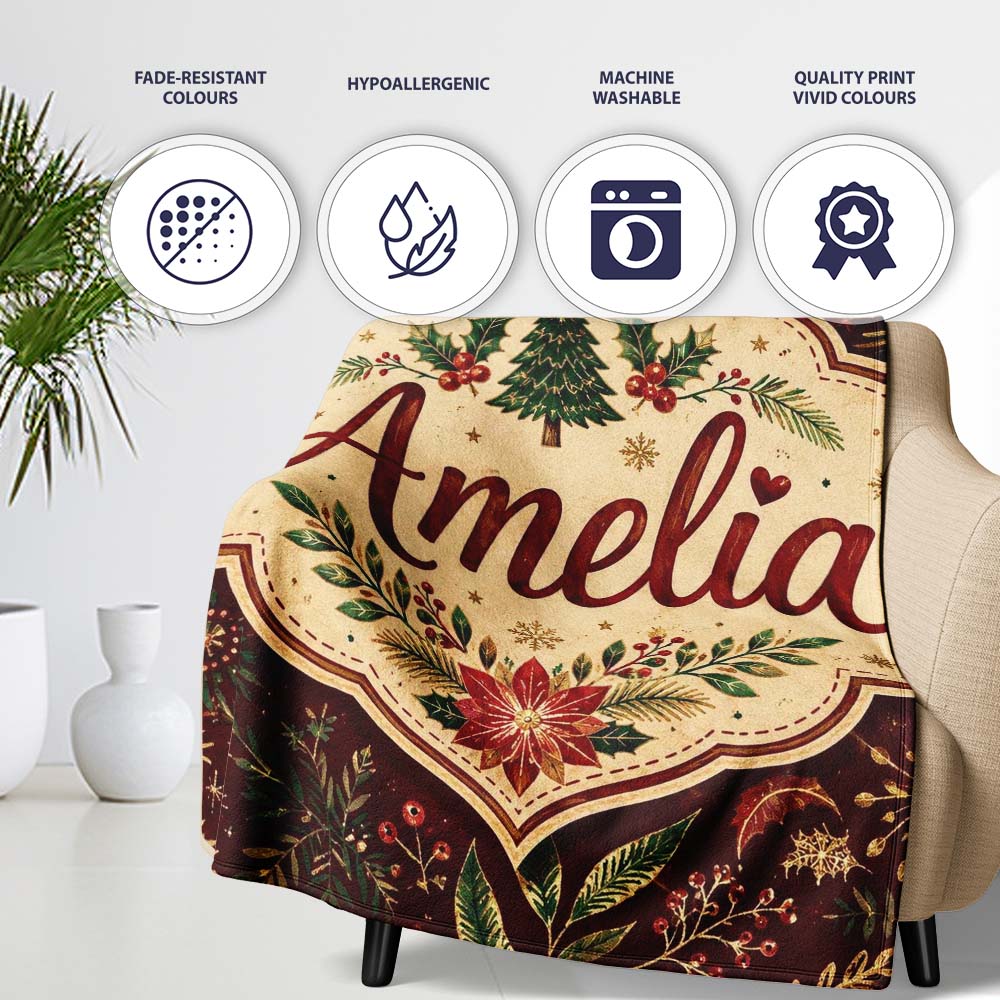 Elegant Christmas Botanical Leaves Pine Branches and Festive Holiday  Personalised Custom Name Super Soft Fleece Blanket Bed Sofa Throw