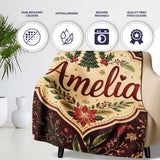 Elegant Christmas Botanical Leaves Pine Branches and Festive Holiday  Personalised Custom Name Super Soft Fleece Blanket Bed Sofa Throw